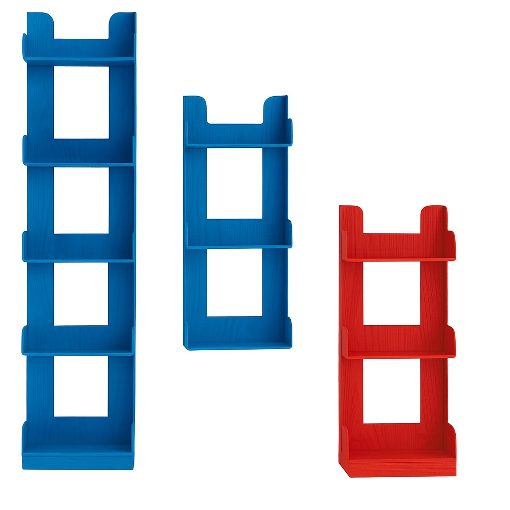 Set di mensole in legno massello colorate in azzurro e rosso per organizzazione della parete-woodhomecraft